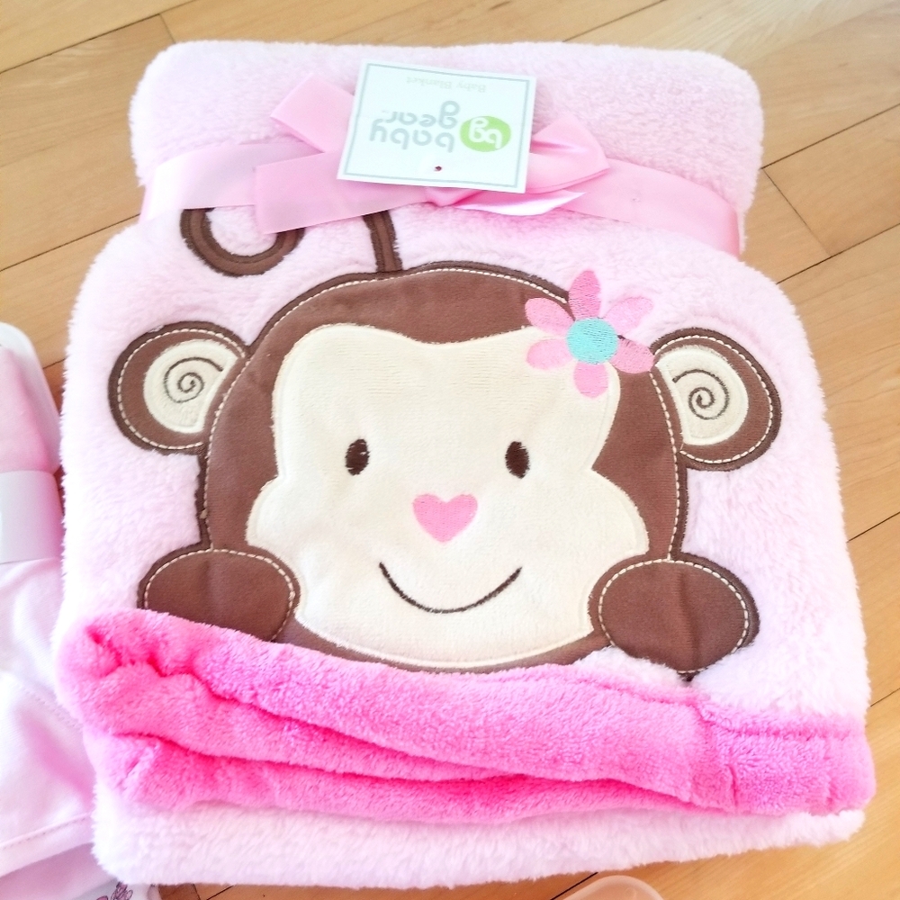 Baby infant girl blanket--one piece with monkey